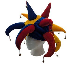 Halloween Costume Party Jester Hat 10 Plush Points Bedecked w  Tiny Brass Bells